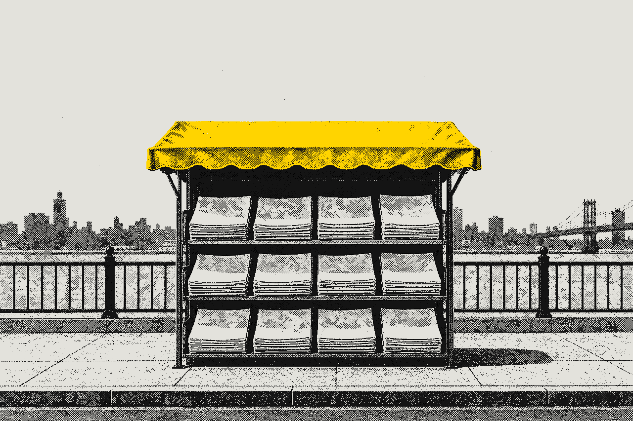 A newsstand with racks of papers